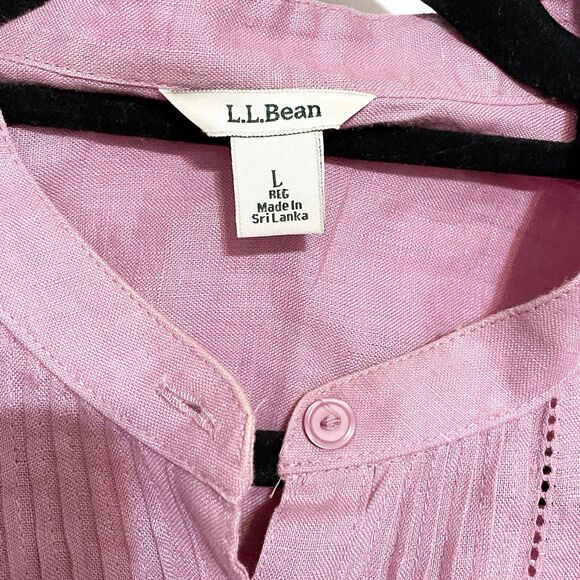 LL Bean Women’s Large Pink Pleat Front Band Collar Linen Shirt Top Button Up - Picture 2 of 5